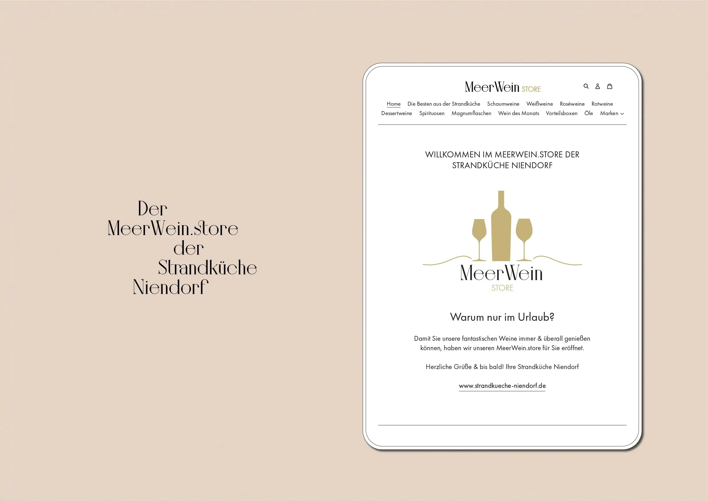 Text "Der Meerweinstore der Strandküche Niendorf" plus Mockup Tabletansicht Website